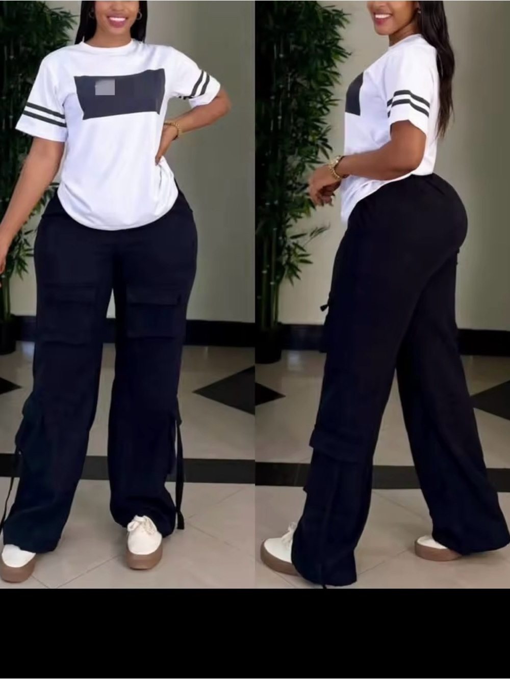Casual Black Cargo Wide-Leg Pants - Women